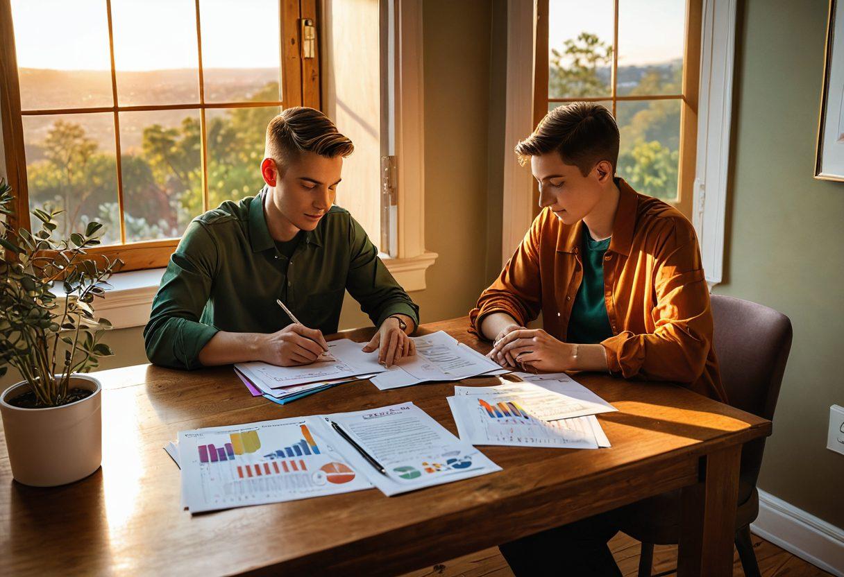 A serene scene depicting an LGBTQ+ couple reviewing financial documents together at a cozy table, with a soft sunset glow coming through a window. Incorporate symbols of love and stability such as intertwined hearts and a small plant symbolizing growth. Surround them with various charts and safe boxes reflecting risk management concepts in a warm, inviting atmosphere. digital painting. vibrant colors. warm tones.