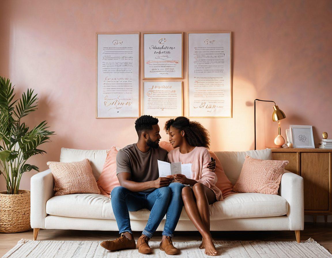 A warm and inviting scene depicting a diverse couple embracing in a cozy living room filled with symbols of love and protection, like insurance documents and safety nets subtly in the background. The couple is surrounded by soft pastel colors and gentle light, conveying a sense of trust and security in their partnership. Inspirational quotes about love and protection are artistically integrated into the decor. super-realistic. vibrant colors. cozy atmosphere.